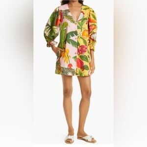 FARM RIO NWT Mixed Prints Puff Sleeves Chemise Dress Button Front Small Tropical
